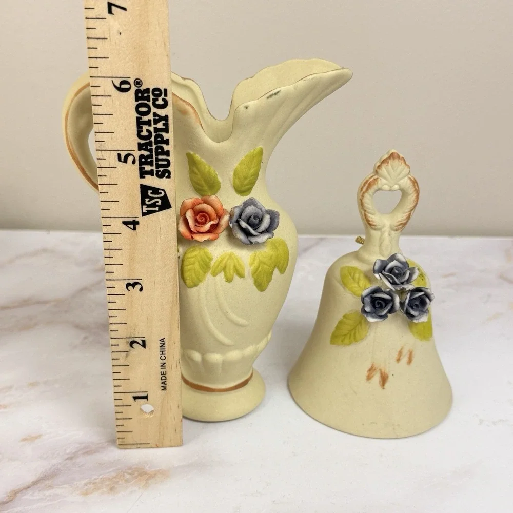 Flambro Porcelain Floral Pitcher Vase Bell Applied Roses Vintage Cottagecore Dec